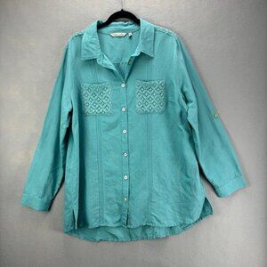 Soft Surroundings Tunic Top Womens Large Blue Linen Blend Button Up Lace Pockets